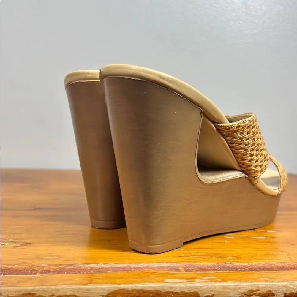 Andrew Geller Tan Wedge Sandals with Basketweave Design